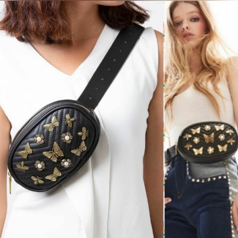 STEVEN MADDEN W-Bugged Bronze Butterfly Pearl Flowers Black Belt Bag Fanny Pack - Picture 4 of 15